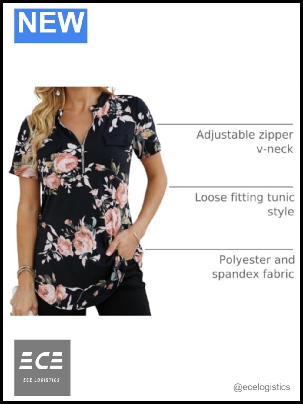 Womens Floral Tunic Blouse Short Sleeve Zip V-Neck Casual Top Workwear - Picture 3 of 6
